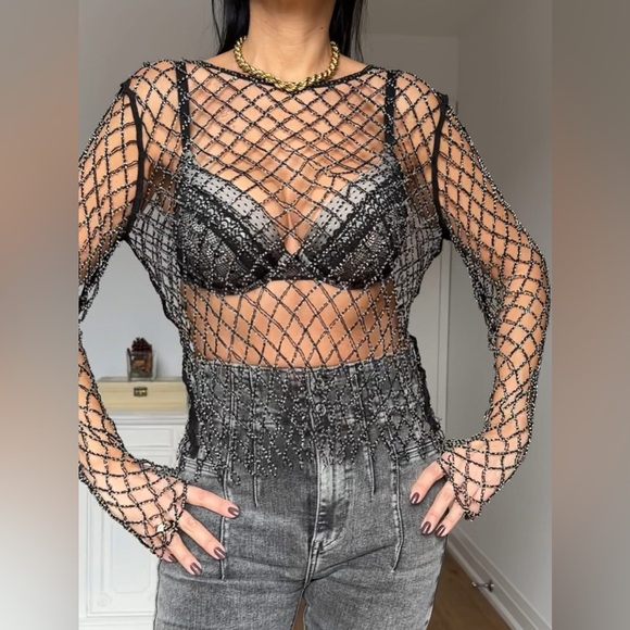 Zara Mesh Beaded Top NWT - Picture 3 of 16